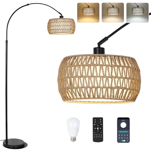 Rayofly Bogenlampe Wohnzimmer Stehlampe, Vintage Stehlampe mit Rattan...