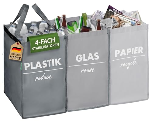 COTTARA® Mülltrennsystem 3 fach Plastik, Glas, Papier | Starker Stand durch 4...