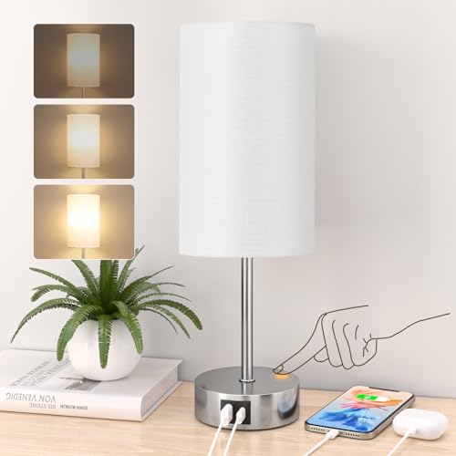 STANBOW Nachttischlampe Touch Dimmbar, Tischlampe mit USB A+C Ladeanschlüssen,...