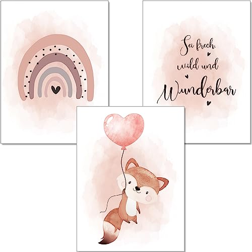 artpin® Poster Kinderzimmer, 3er Set Bilder Babyzimmer Mädchen, Altrosa...