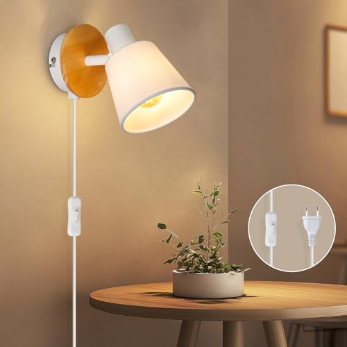 Ketom E14 Wandleuchte Innen Weiß Rund, Wandlampe mit Schalter und Stecker Holz,...