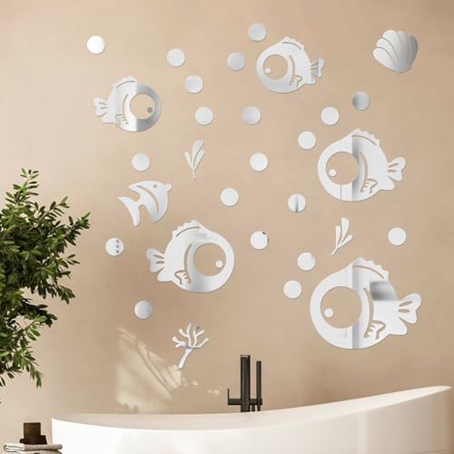 3D Acryl Spiegel Wandaufkleber Fisch und Bubbles, DIY Aufkleber Badezimmer...