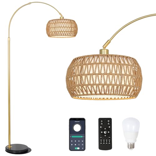 Rayofly Gold Bogenlampe Wohnzimmer Stehlampe, Modern Stehlampe mit Rattan...