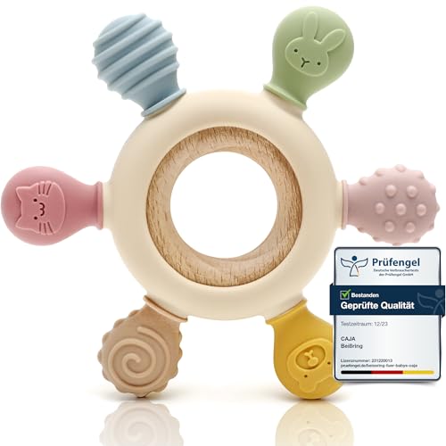 CAJA Beißring Baby - Beißspielzeug Zahnungshilfe aus Silikon & Holz, Baby,...