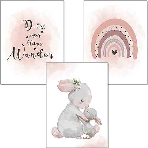 artpin® Poster Kinderzimmer Deko - A4 Bilder Babyzimmer 3er Set Rosa Grau für...