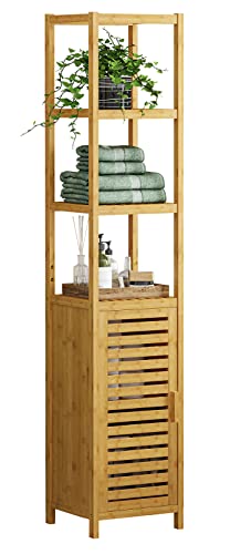 VIAGDO Hochschrank, Badezimmerschrank Bambus, Badschrank hoch mit 3 offene...