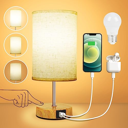 Suright Nachttischlampe Touch Dimmbar mit USB A+C Ladeanschlüssen, Lampenschirm...