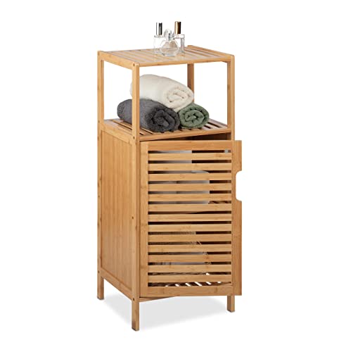 Relaxdays Badschrank Bambus, HBT: 87 x 36,5 x 33 cm, schmales Badregal mit Tür,...