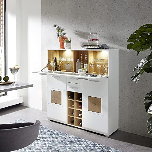 Lomadox Barschrank Hausbar Weinschrank Minibar matt weiß mit Eiche Nb. und LED...