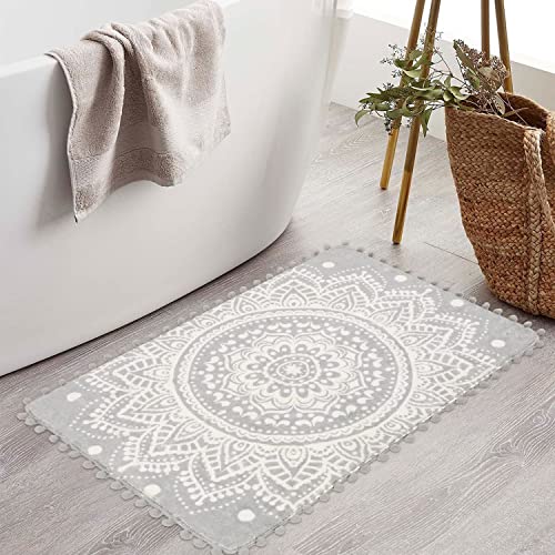 Boho Kleine Badezimmerteppiche 60x90cm, Grau Mandala Weiche Fußmatte mit Pom...