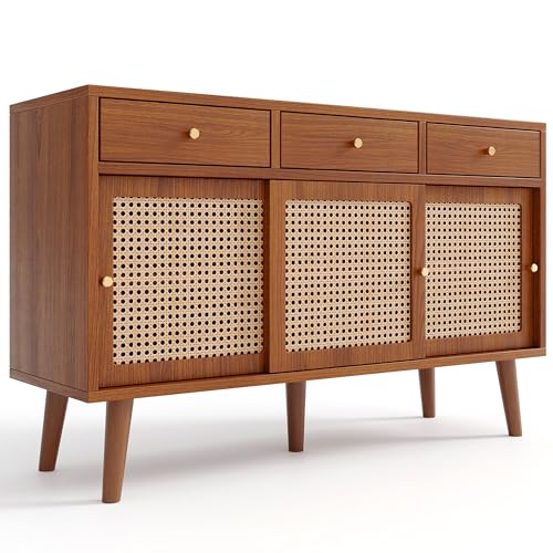Azkoeesy Rattan Sideboard Kommode mit 3 Schubladen und 3 Schiebetüren aus...